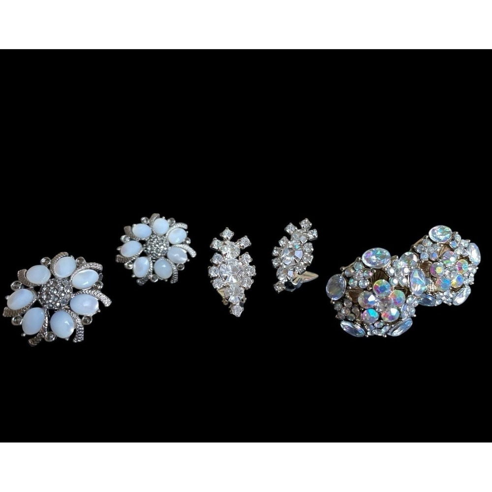 Vintage Rhinestone Earrings Clip‎ Ons Sparkles Aurora Borealis Silver Tone 3 Set